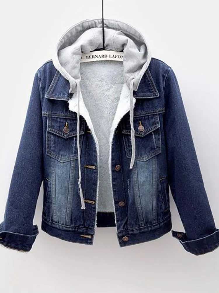Clothing wool warm winter jeans jacket womens pocket button soft hooded warm jacket fashionable ultra-thin denim jacket W240920