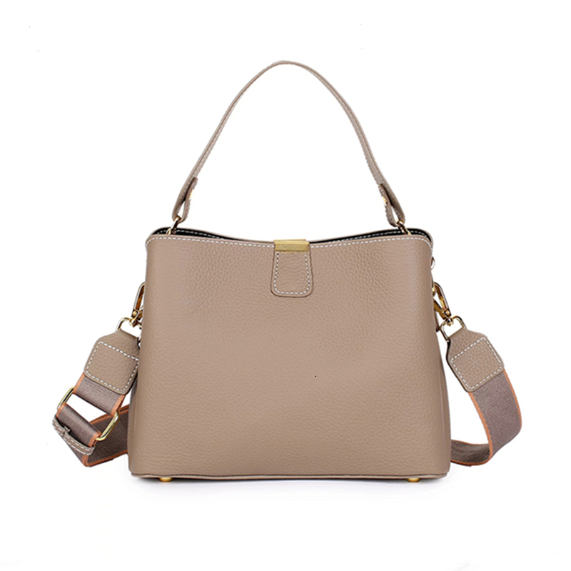 Hifashion Cowhide Genuine Leather Bucket Small Shoulder Crossbody For Women 2024 Trend Designer Wide Strap Tote Ladies Handbags