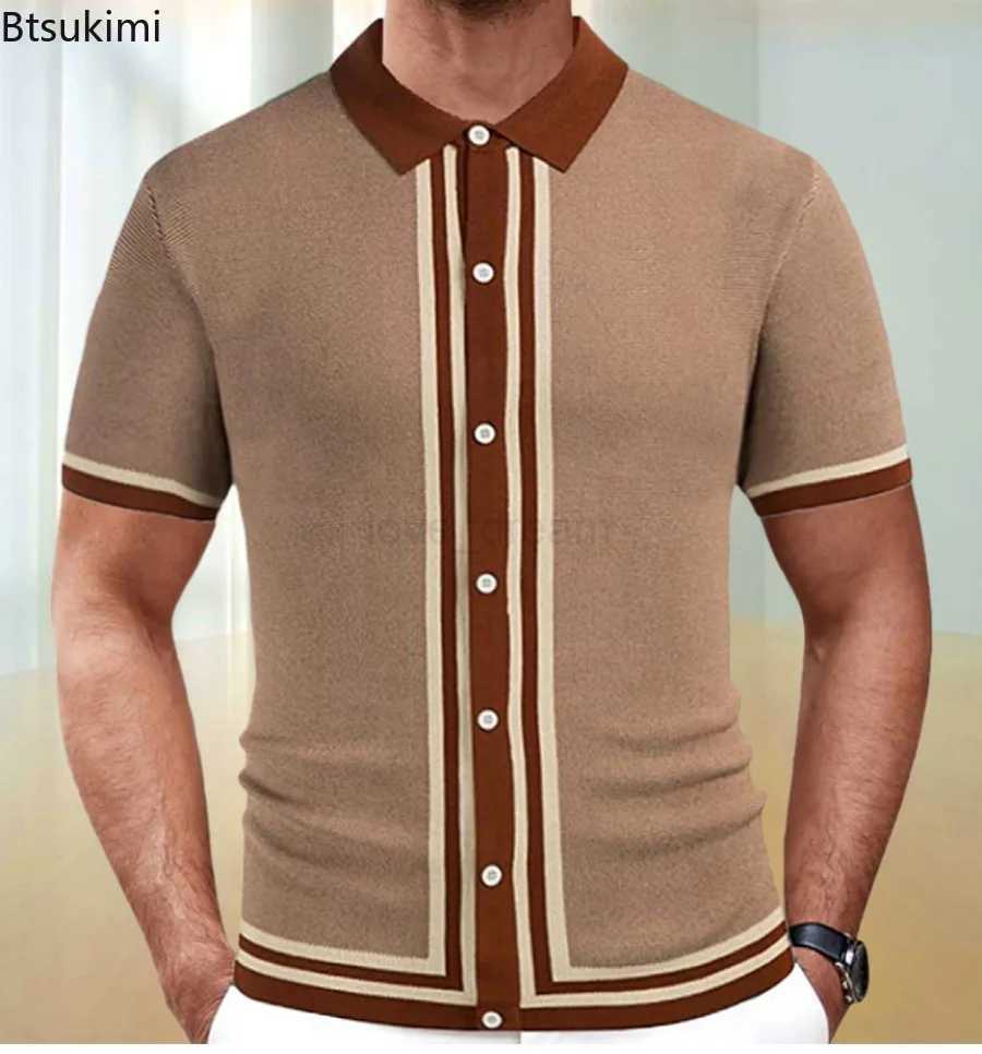2024 Mens Striped Short Sleeve Knitted Shirts Summer New Comfy Breathable Casual Business Polo Shirts Men Golf Sport Loose TopsXJ240920