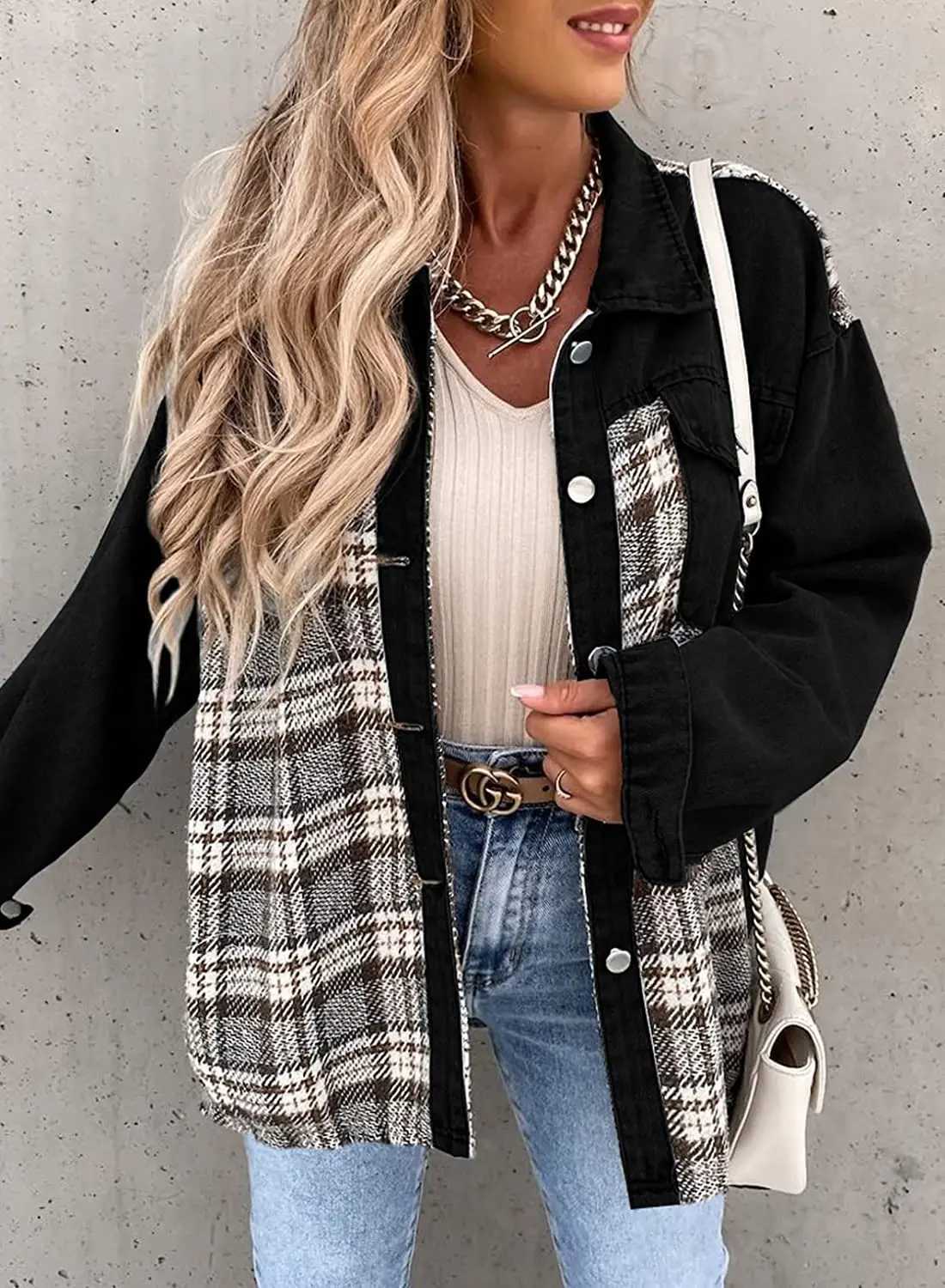 Womens Denim Jacket Long Sleeve Jean Top Plaid Button Down Shacket Jacket FashionX240920