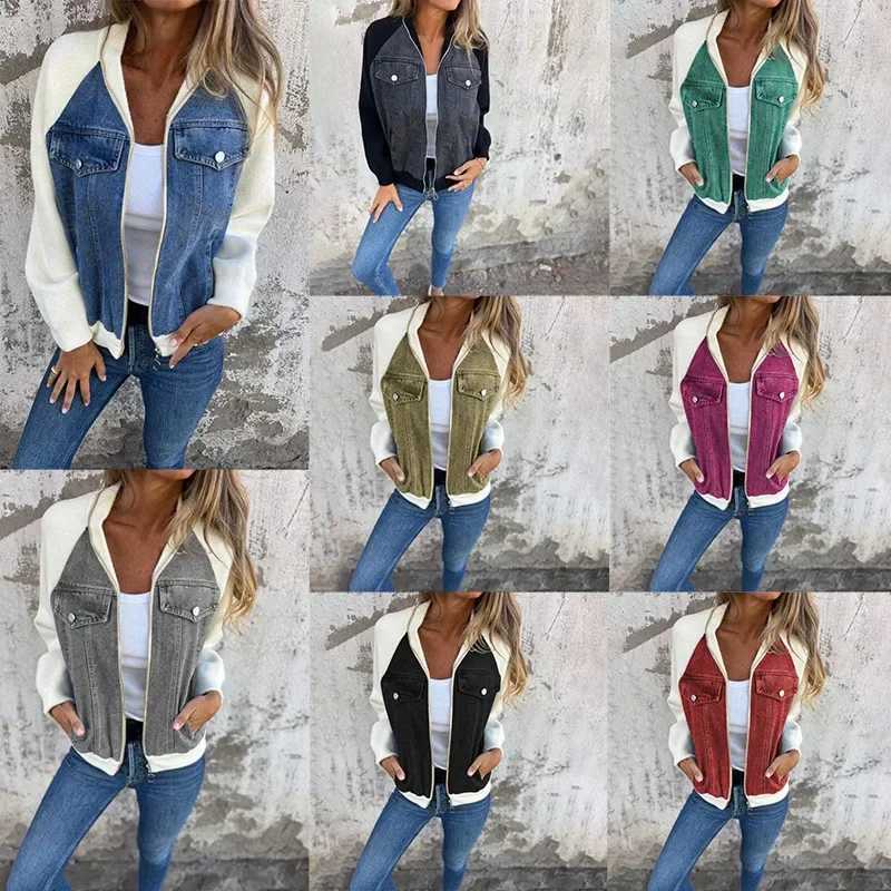 Fashion Patchwork Style Handsome Stand Collar Jackets Female Zipper Wild Slim Denim Coats Tops Autumn Winter Outerwear 2024 NewX240920