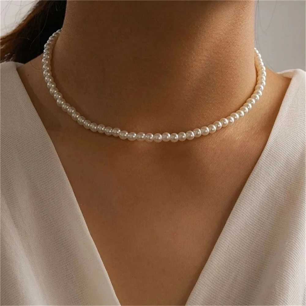 French Vintage Imitation Pearl Chain Necklace For Women Simple Acrylic Beads Choker Fashion Jewelry Elegant AccessoriesX240919