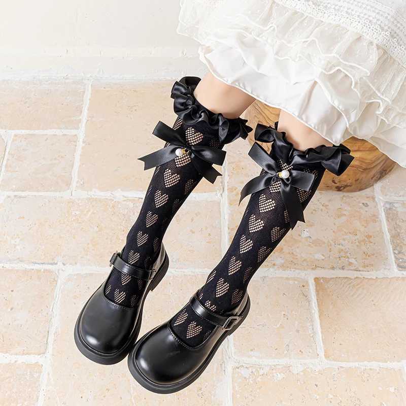 Kids Socks Baby Kids Big pendant pearl Long Lolita Sock Hollow mesh heart Over The Knee High Sock Ribbon bow Princess Girl Kawaii Stockings Q240920