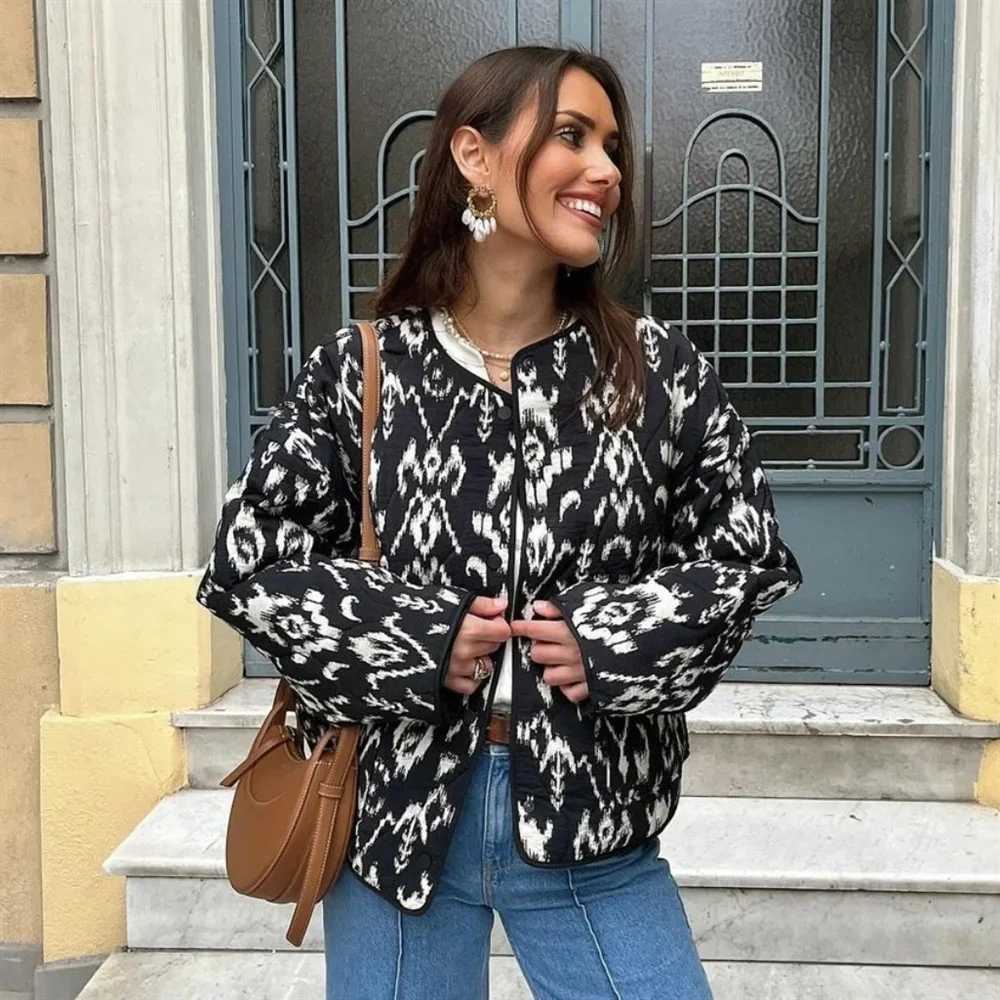 Versatile Printed Quilted Round Face Jacket Coat 2024 Spring New Womens Fashion and Elegance Streetwear OutfitsX240920
