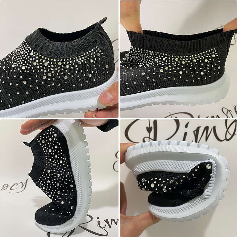 Shining Crystal Flats for Women Plus Size Breathable Mesh White Sneakers Woman 2023 Autumn Soft Sole ladies Sports Shoes