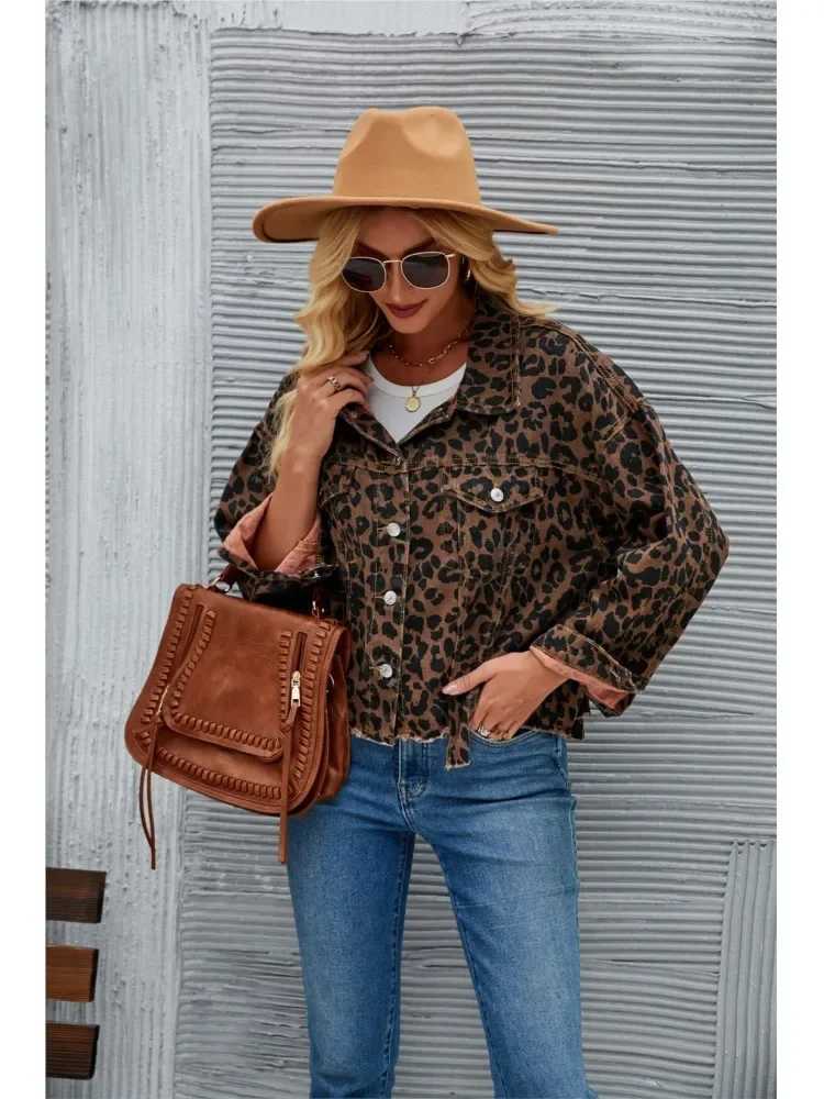Denim Autumn Leopard Print Jackets Coats Women Casual Fashion Irregular Ladies Cropped Jackets Long Sleeve Loose Woman Coat 2023X240920