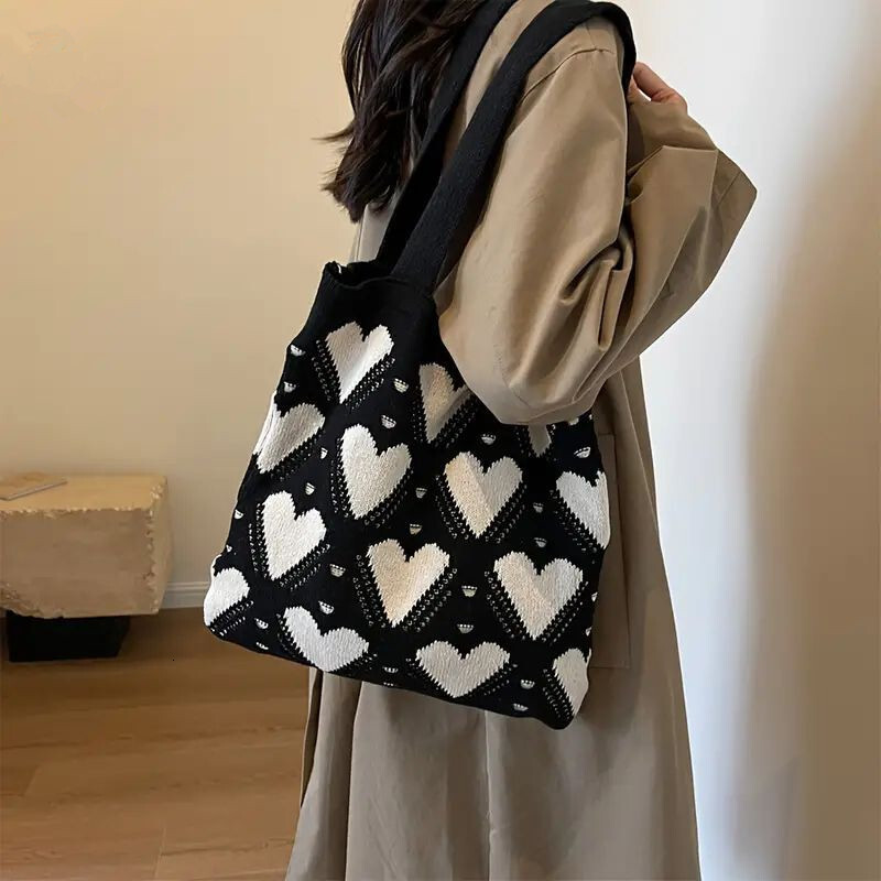 2025NEW Love Pattern Handbag New Knitted Women s Large trend fashion Capacity Weaving Tote Street Trend Shopping Shoulder Travel Bag