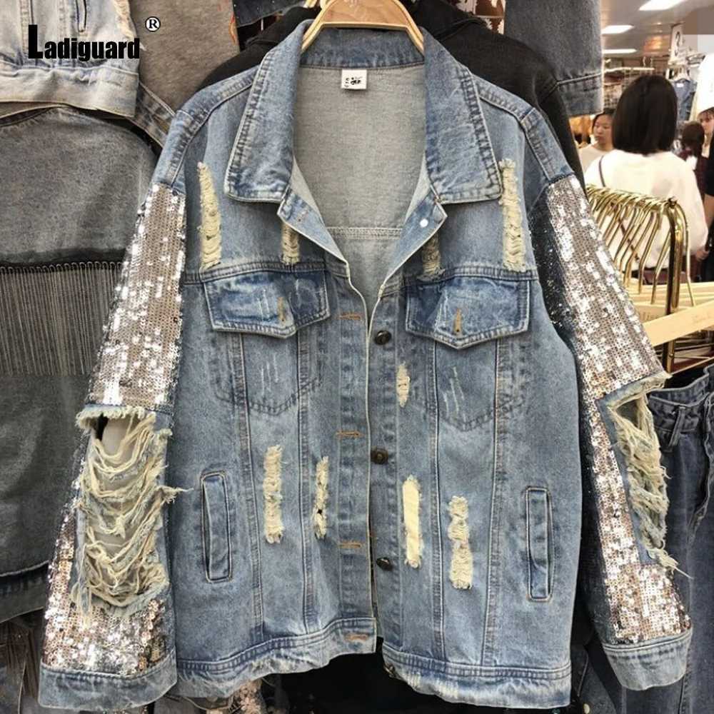 Ladiguard Women Sexy Ripped Denim Jacket Patchwork Sequins Demin Jackets Loose Vaqueros Mujer 2023 Single Breasted Top OuterwearX240920