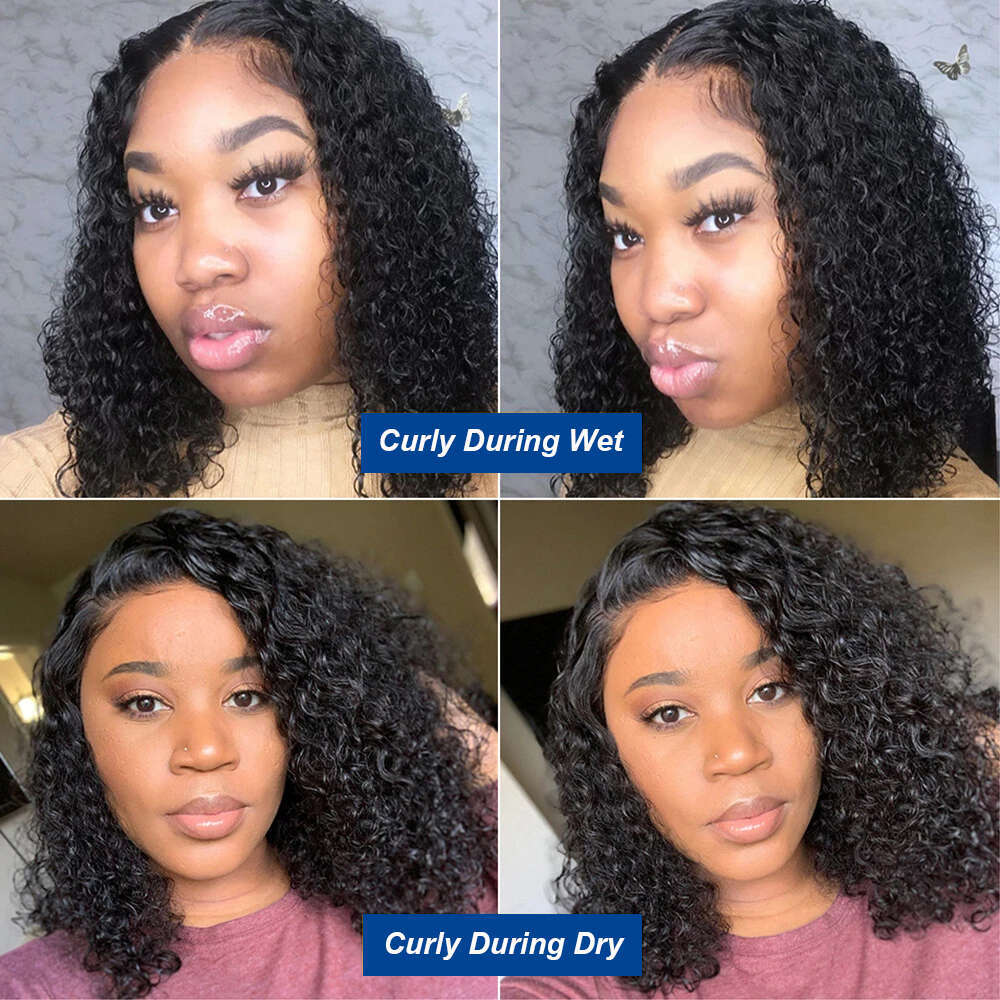 13x4 Curly Front 200% Density Deep Wave Short Bob Wig Transparent Lace Frontal Wigs Human Hair