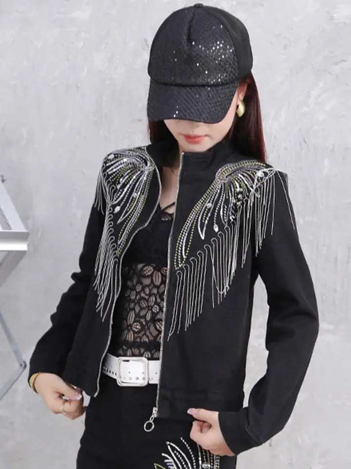 Fashion Black Denim Jacket Women Clothes 2023 Spring and Autumn New Jean Coat Female Tassel Sequin Slim Fitting Jackets TrendX240920