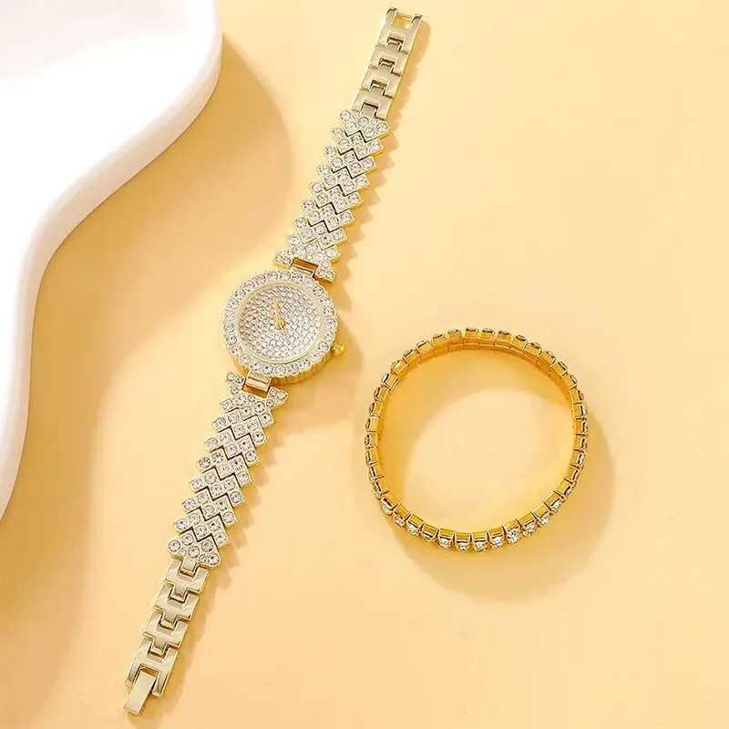 2pcs Womens Fashion Simple Gold Steel Band Quartz Watch Female Clock Women Bracelet Watches Set With DiamondsX240920