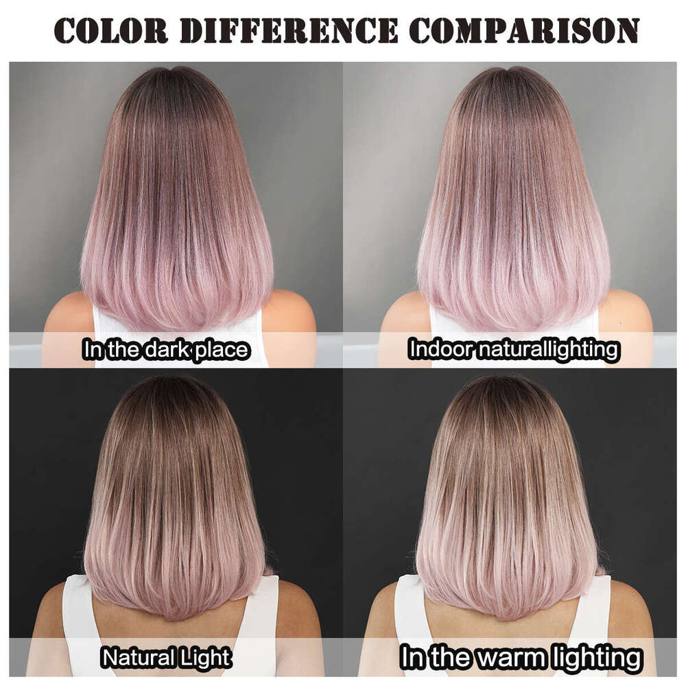 HD Transparent Front Wig High Density Synthetic Short Straight Pink Brown Bob With Dark Roots Layered T Part Lace Wigs