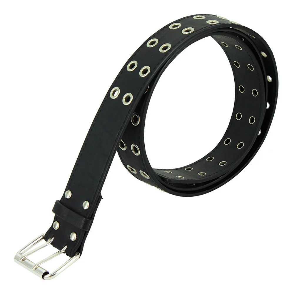Fashion womens punk chain strap adjustable black double hole eye loop metal buckle leather mens jeans belt W240920