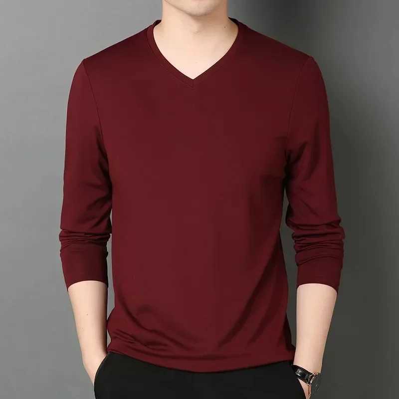 2023 Mens Long Sleeve T-shirt Casual Autumn Collection Slim Fit V-neck Top Base Layer Clothing Smooths Your SilhouetteX240919