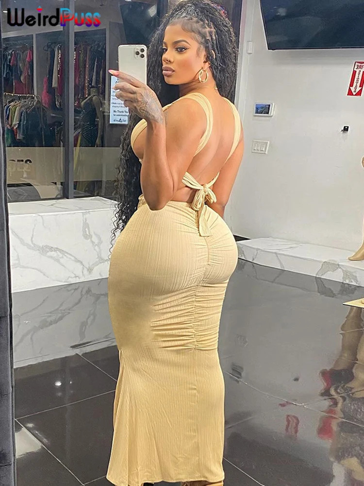 Weird Puss Cirque Cross Hollow Dress Women Sexy Chic Y2K Trend Backless Sleeveless Elegant Birthday Party Stretch Maxi Bodycon 240920
