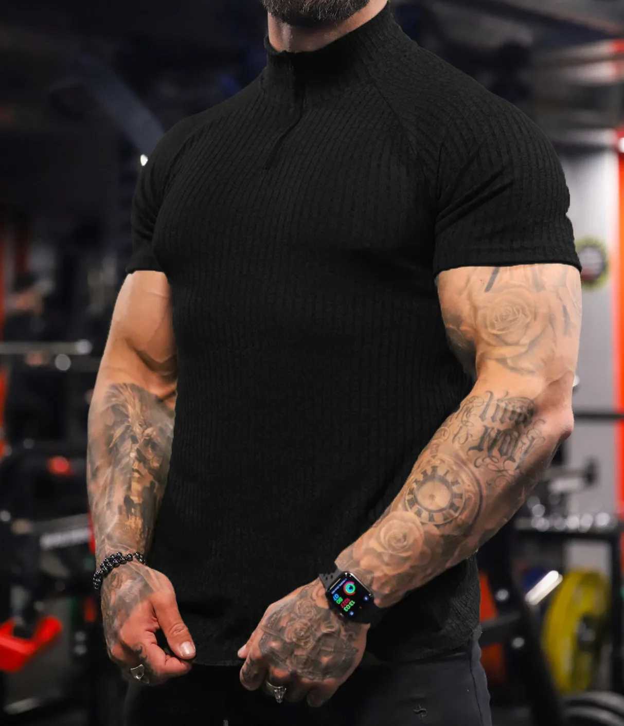 New Mens Slim-fit Multi-color Zipper Standing Collar Polo Shirt Mens Casual Vertical Stripes Short Sleeve Youth Mens WearX240920