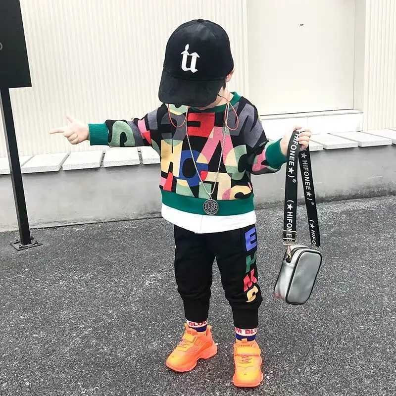 Spring Boys Suit Children Fashion Clothes Set Baby Kids Autumn Cotton Printing Long Sleeved Top Long Pants Teen Boys Tracksuit M240920