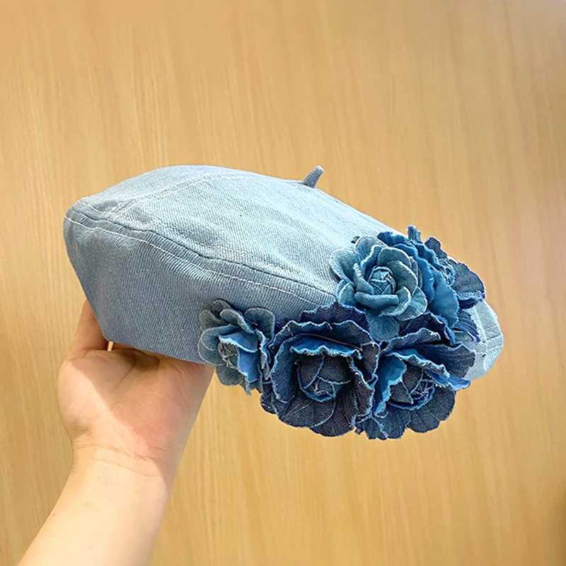 Fashion Flower Denim Beret Hats for Women Girls Spring Summer Sweet Cowboy Cap Korean Casual Artist Painter Caps 2024 NewX240919