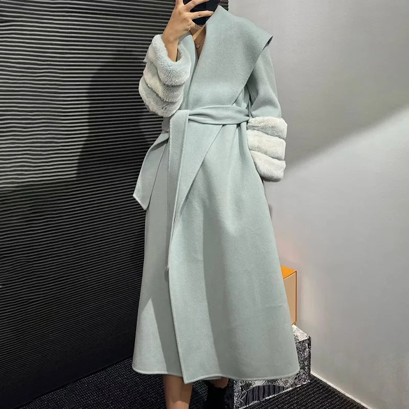 Womens Wool Coat Womens Rex Rabbit Fur Collar Oversized Trench Winter Chinchilla Colored Cashmere