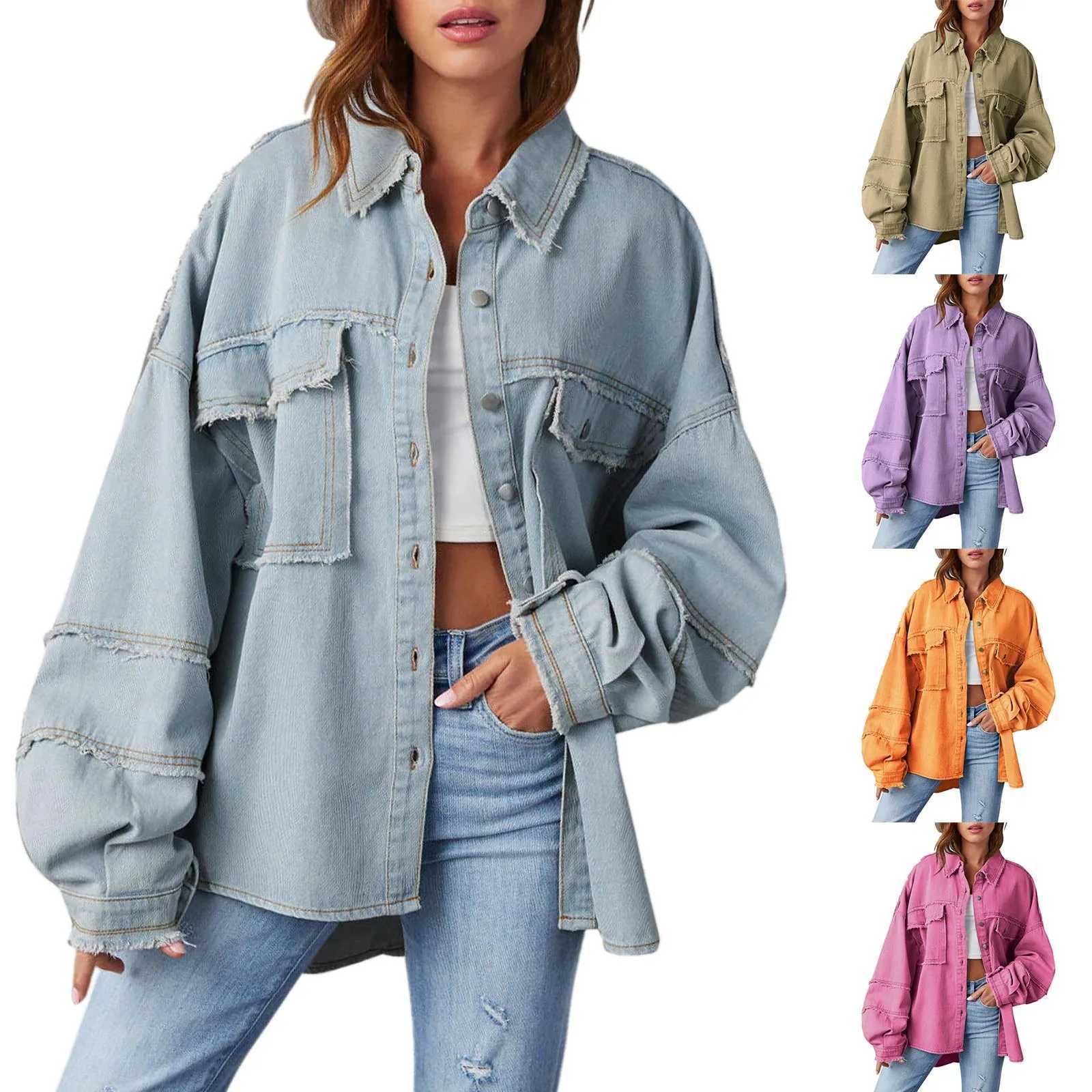 Patchwork Distressed Denim Jean Jacket WomenS Oversized Button Up Hem Shacket Long Sleeve Pockets Coats Loose Shirt CoatX240920