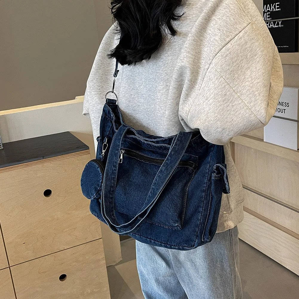 Womens denim shoulder bag with small wallet vintage fabric cross body large capacity travel messenger womens commuting 240919