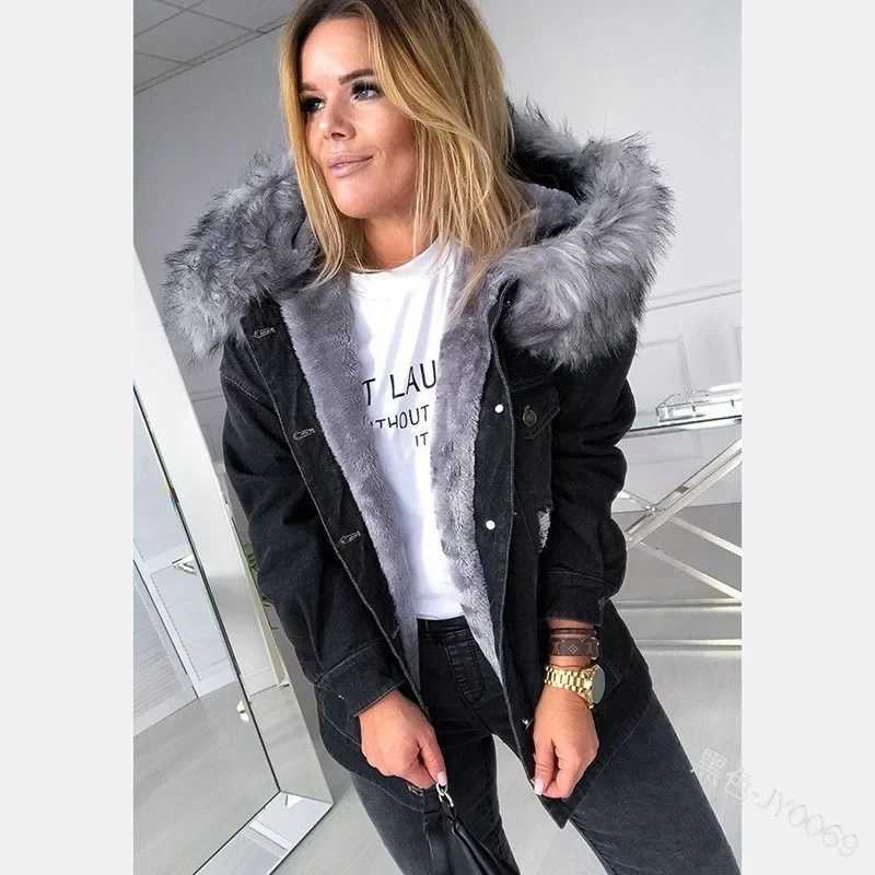 New 2024 Fashion Hooded Big Fur Collar Denim Jacket Women Casual Warm Mid-length Ripped Coat Denim Jacket for Women DenimX240920