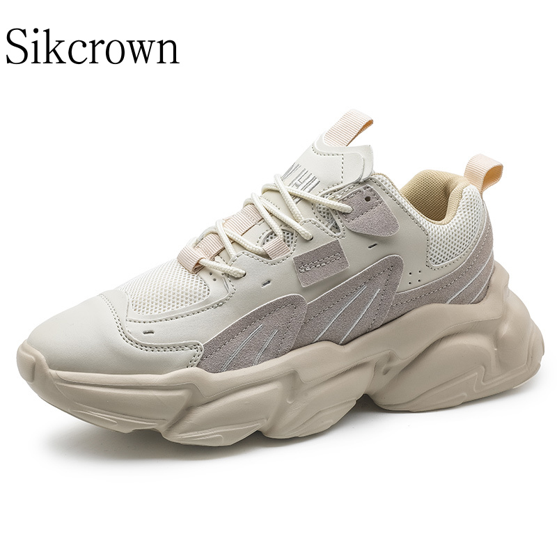 Beige Thick Sole Sneakers for Men Casual Fashion Men's Chunky Sneakers Height Increasing Dad Shoes Hard-Wearing Male Footwear