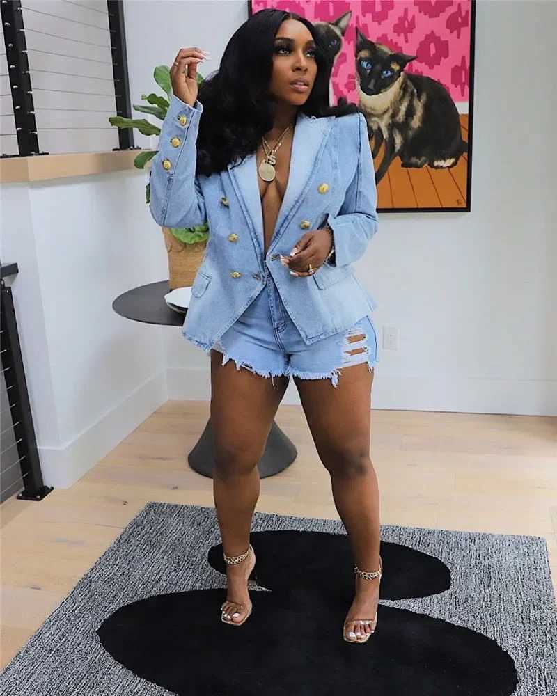 High Quality Women 2023 New Fashion Slim Casual Denim Coat Jackets Streetwear Full Sleeve Double Breasted Sexy Blue Jean JacketX240920