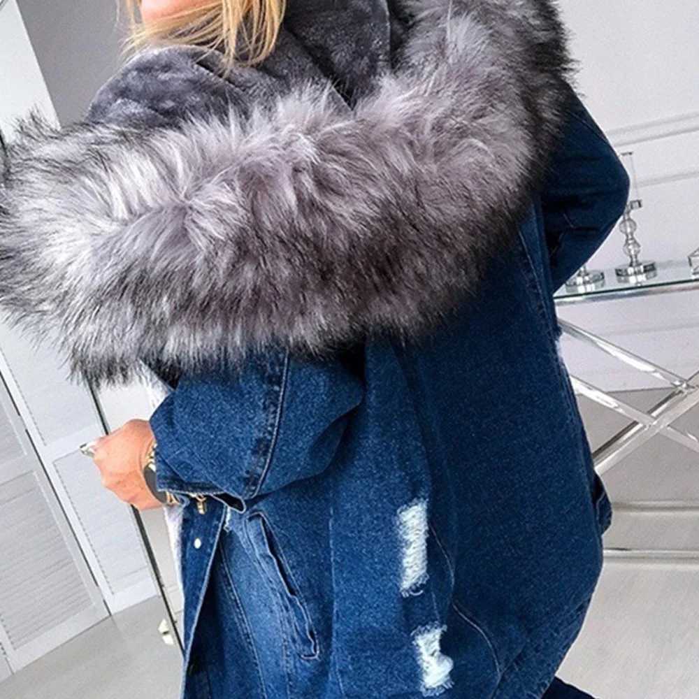 Womens winter warm fluffy collar hooded denim jacket with thick plush lining warm long sleeved jeans jacket button hem too large loose fit W240920