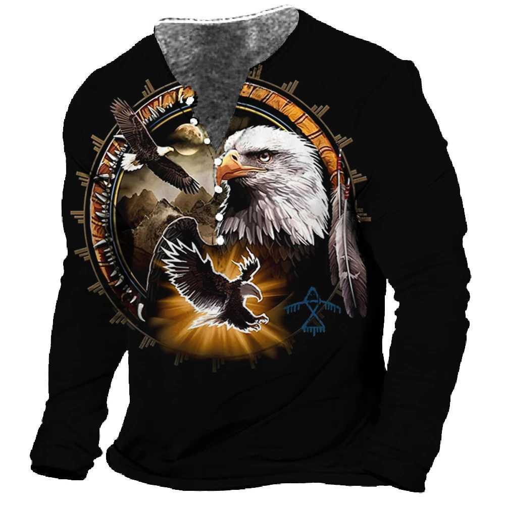 Men T-Shirt Henley Vintage Eagle Motorcycle Print Long Sleeve Daily Top Harajuku Streetwear Tee Men Seven Button Tshirt PulloverX240919
