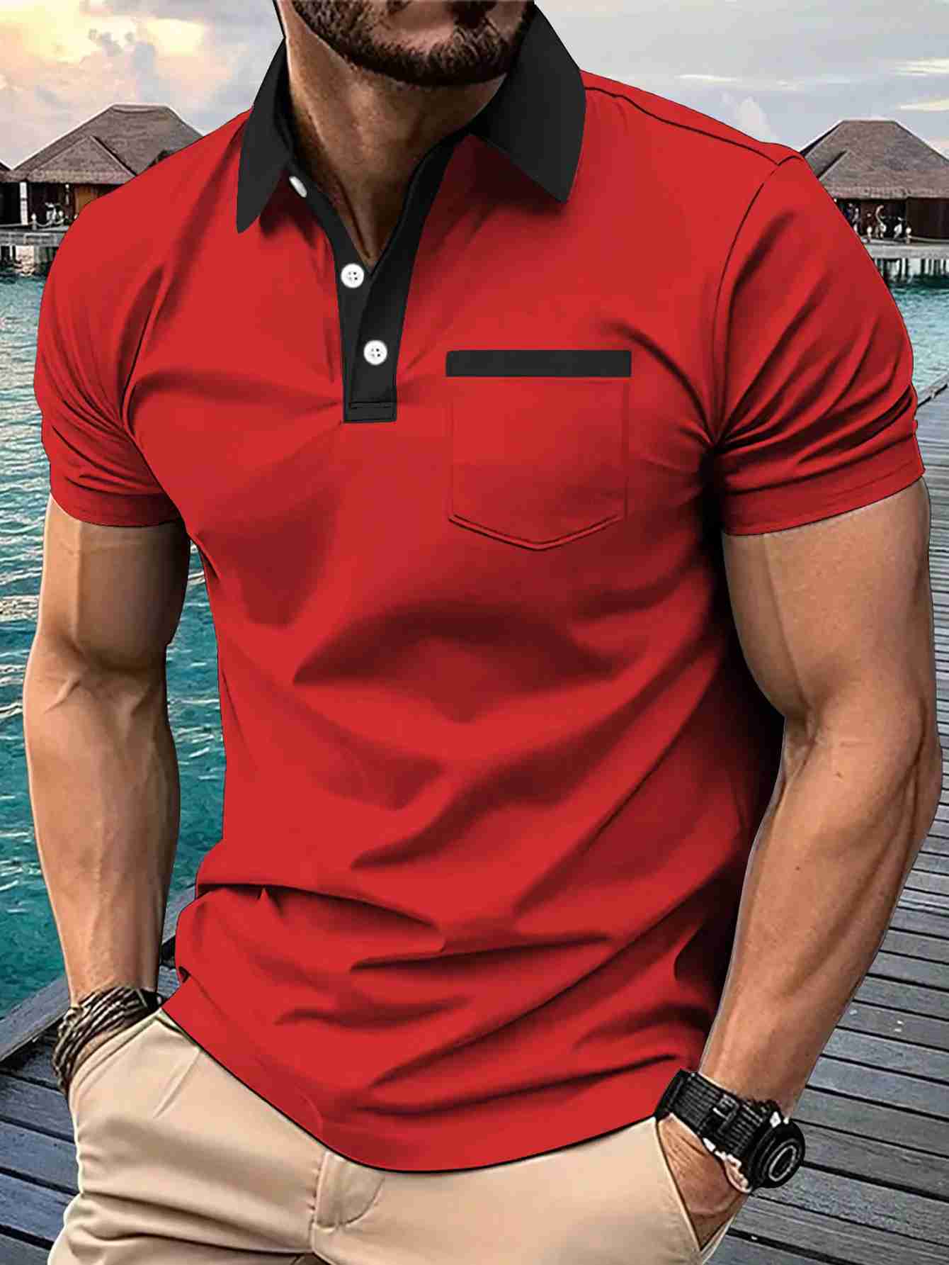 Mens casual outdoor polo mens button polo mens digital printed poloXJ240920