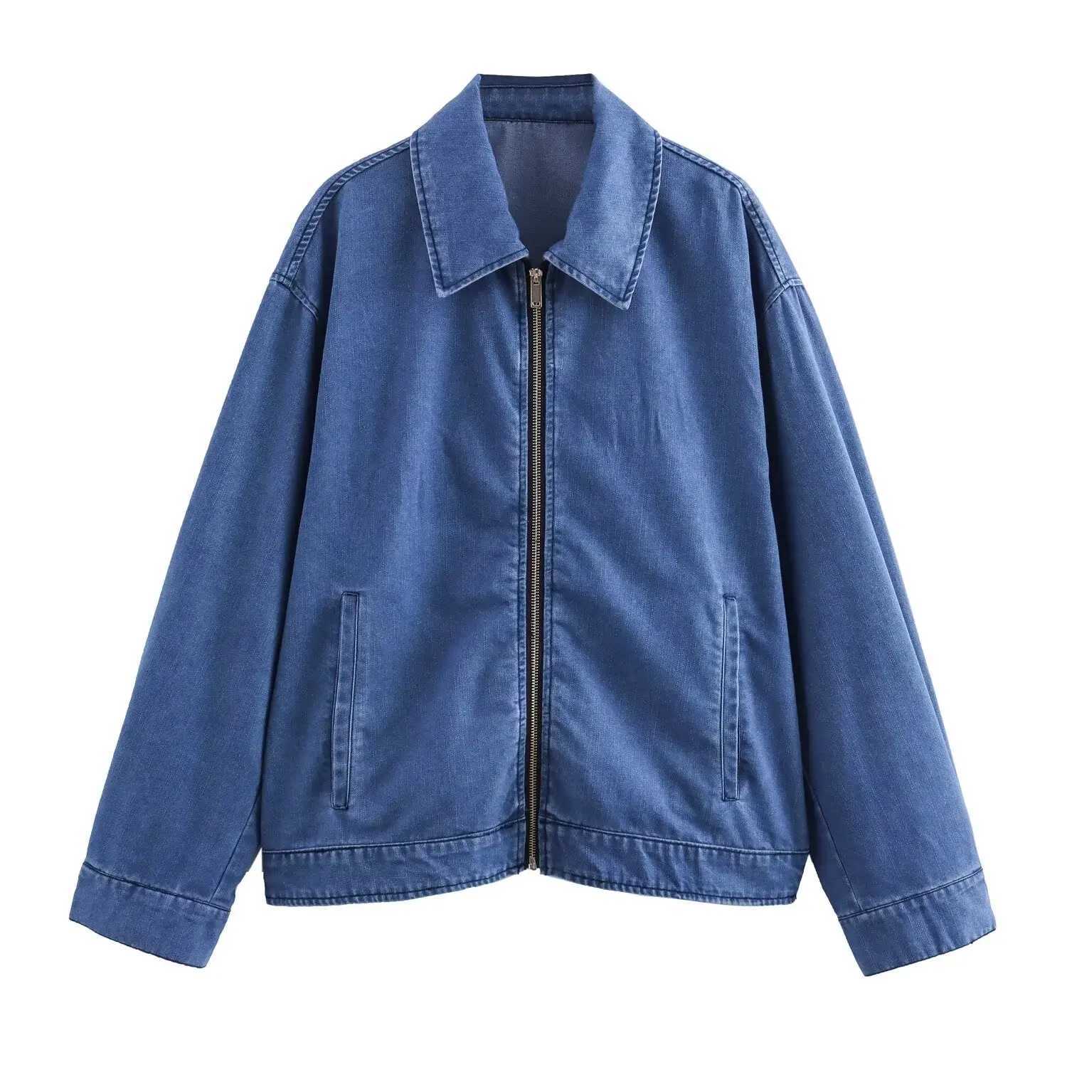 Womens new denim jacket jacket solid color loose casual versatile zippered long sleeved topX240920