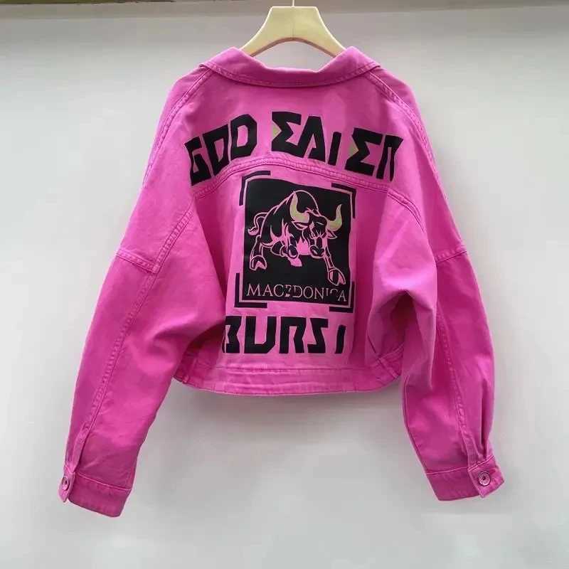 2023 Spring Autumn Period New Rose Red Printed Denim Jacket Ladies European Fashion Age-reducing Women Denim Short Coats TopsX240920