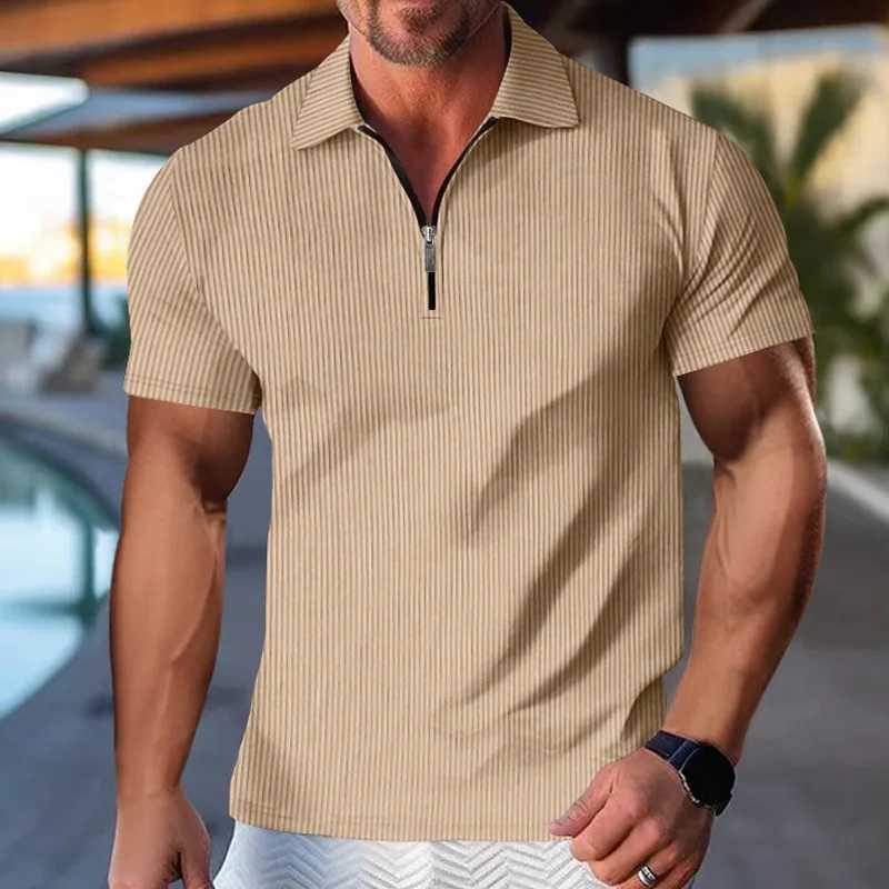 Mens Fashion Polo Shirts 2024 Summer Stripe Zipper Mens Polo Shirt Solid T-Shirt Brand Short-Sleeved Shirt Casual Slim TopsX240920