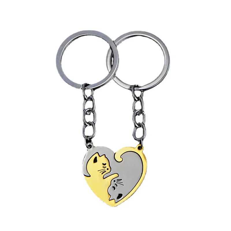 2Pcs/Set His Hers Matching Puzzle Yin Yang Cat Couples Keychains Stainless Steel Heart Key Ring BFF Couple Key Chain JewelryX240919