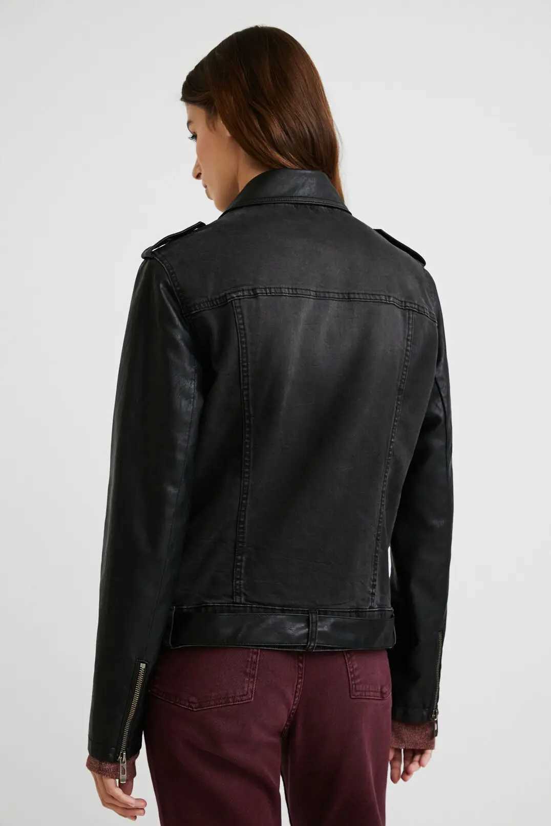 Embroidered stitching PU denim jacketX240920