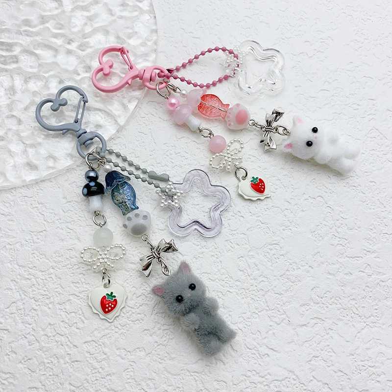 Cute Flocked Kitten Five Star Cat Claw Love Keychain Phone Chain Anti Loss Hanging Rope Pendant Earphones Camera ChainXJ250319