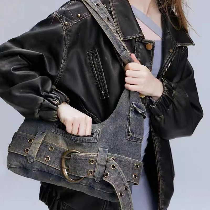 Trendy Ladies Vintage Denim Punk Shoulder Bag Y2k Streetwear Grunge Handbag Cool Girls Retro Gothic Casual Underarm Bags 240920