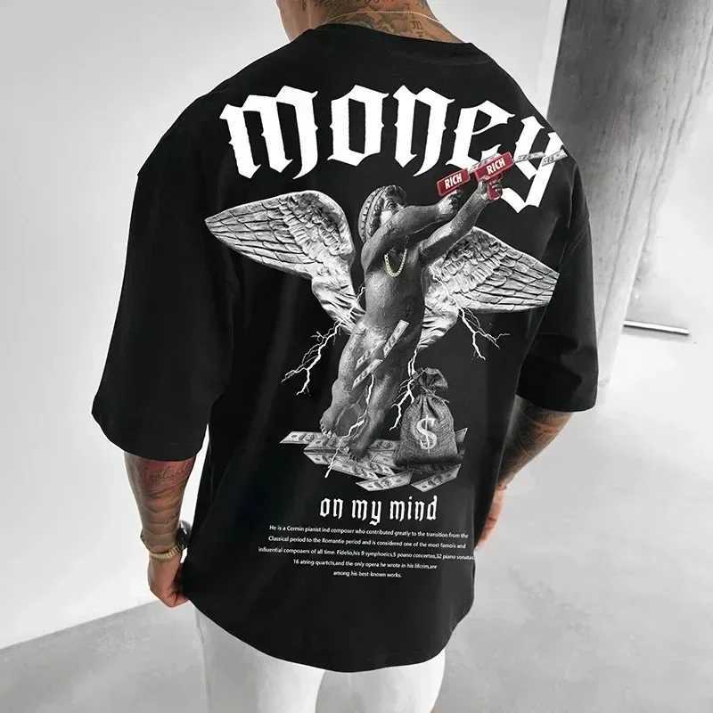 Money Angel Print mens T-shirt cotton hip-hop short sleeved O-neck T-shirt top summer fashion trend loose oversized streetwear CL240913