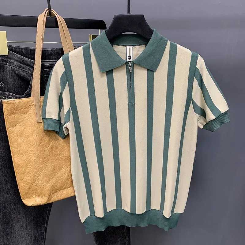 Mens Clothing Light Luxury Knit Striped Zipper Polo Shirt Business Leisure Short Sleeve Korean Popular Retro Knitwear M-3XLX240920