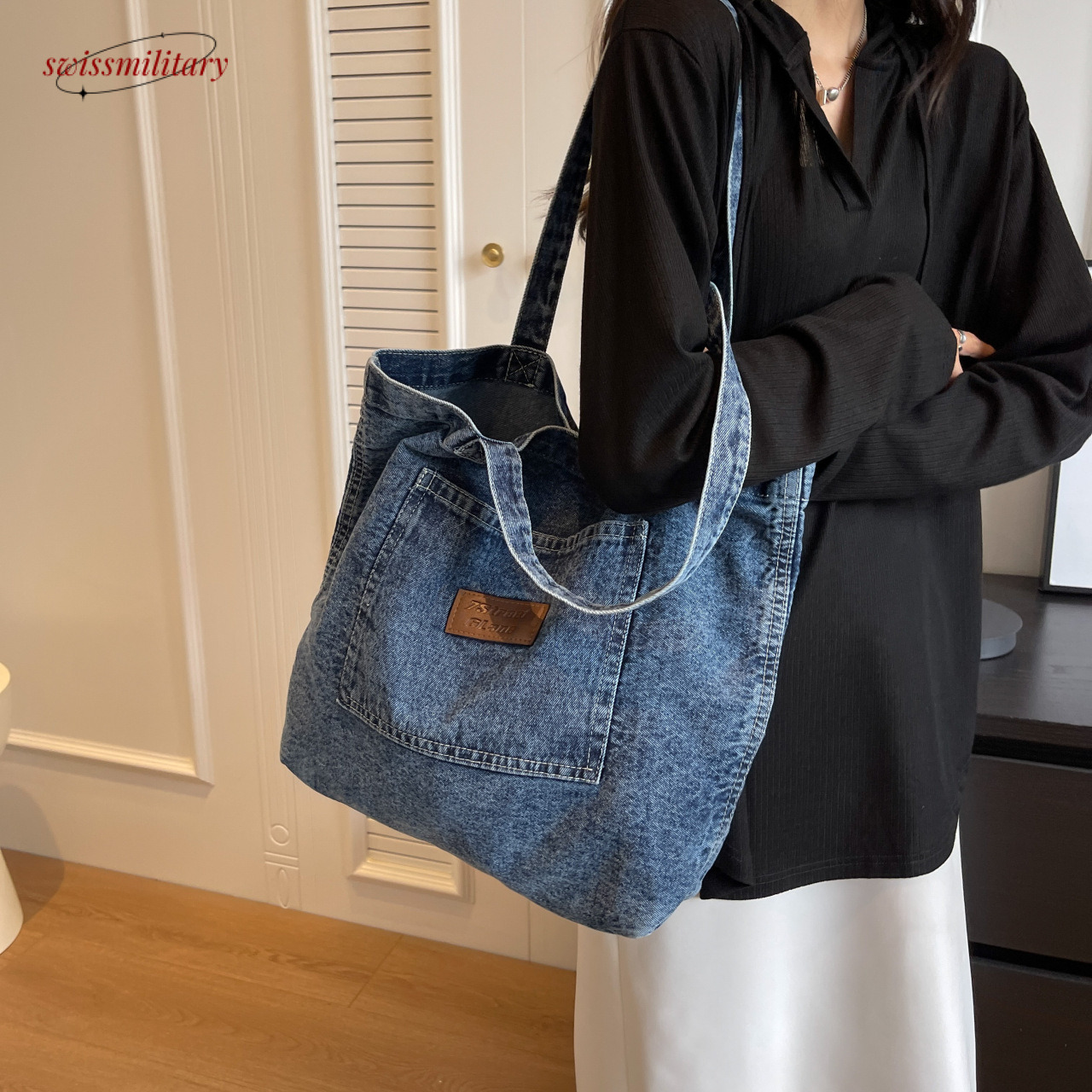 Korean Dongdaemun Lazy Denim 2024 New Emed Letter Texture Single Shoulder Tote Bag #25 Swissmilitary