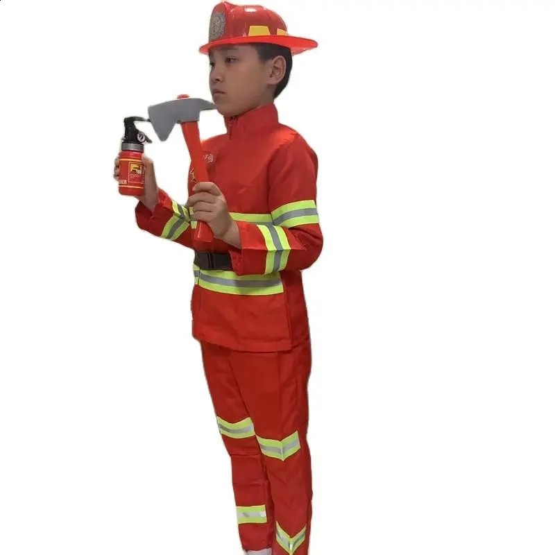 Kids Firefighter Costumes Fire Professional Clothing Tool Hat Boy Halloween Cospaly Firefighting Suits Childrens Toy Gifts 240910