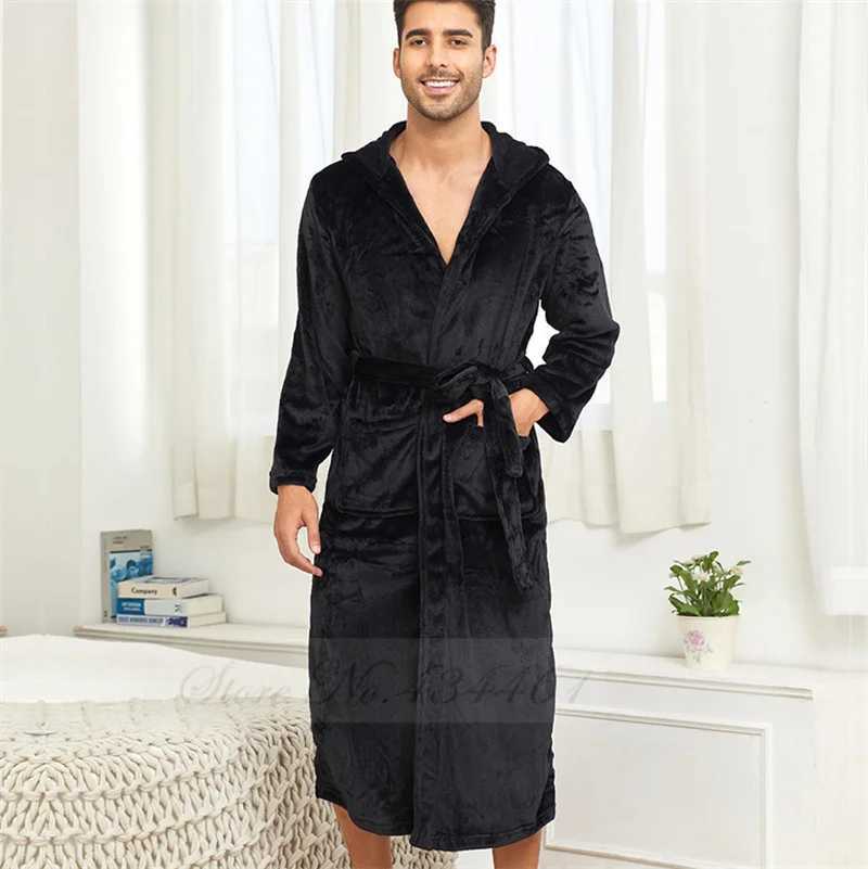 Winter Thicken Flannel Mens Long Robe Hooded Kimono Bathrobe Gown Warm Coral Fleece Sleepwear Lounge Wear Loose Home Clothes Y240919