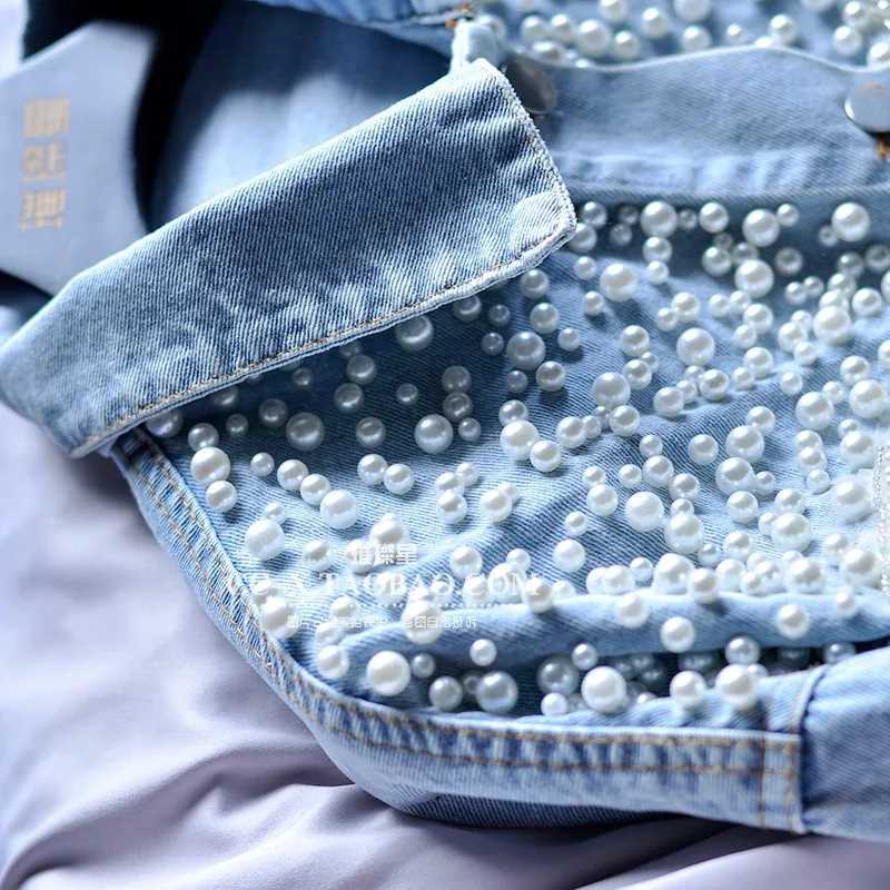 Spring Women Pearls Beaded Denim Coat Lace Floral Embroidered Jeans Jacket Short Cowboy Cardigan Streetwear Tops Jaqueta 2023X240920
