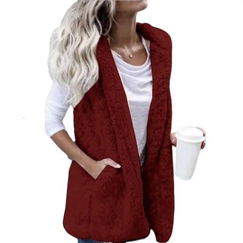 Large Women's Fashion Solid Sleeveless Hooded Pocket with Vest Fur Autumn and Winter Season