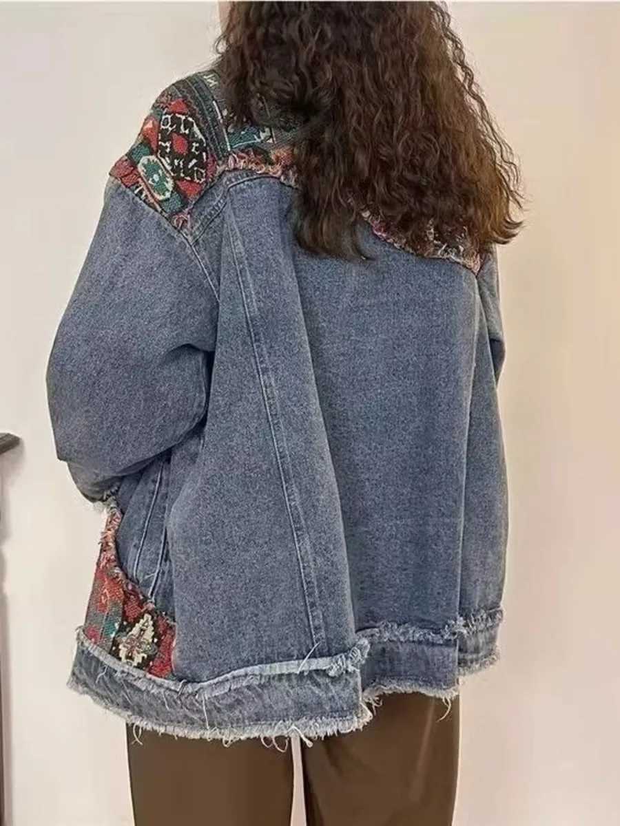 Vintage Boho Embroidery Denim Jacket Spring Autumn 2024 Long Sleeve Casual Loose Trend Folk-custom Stitching Raw Edge Jeans CoatX240920