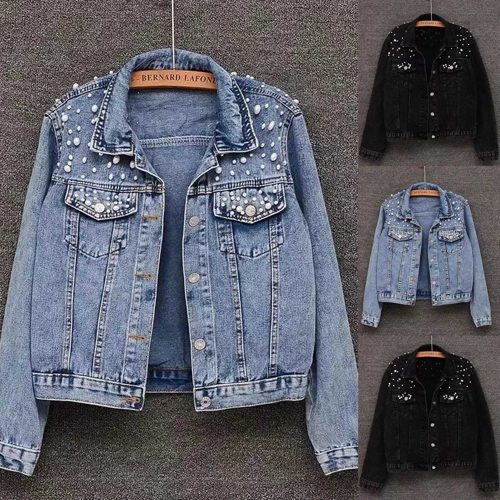 Womens Pearl Beaded Cropped Denim Jacket Long Sleeve Button Down Short Jackets Casual Boyfriend Jean Jacket Y2k Streetwear M-3XLX240920