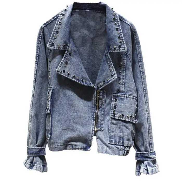 Spring Autumn New Women Korean Loose BF Student Hong Kong Wind Beaded Suit Collar Retro Denim Jacket Womens Jacket TideX240920