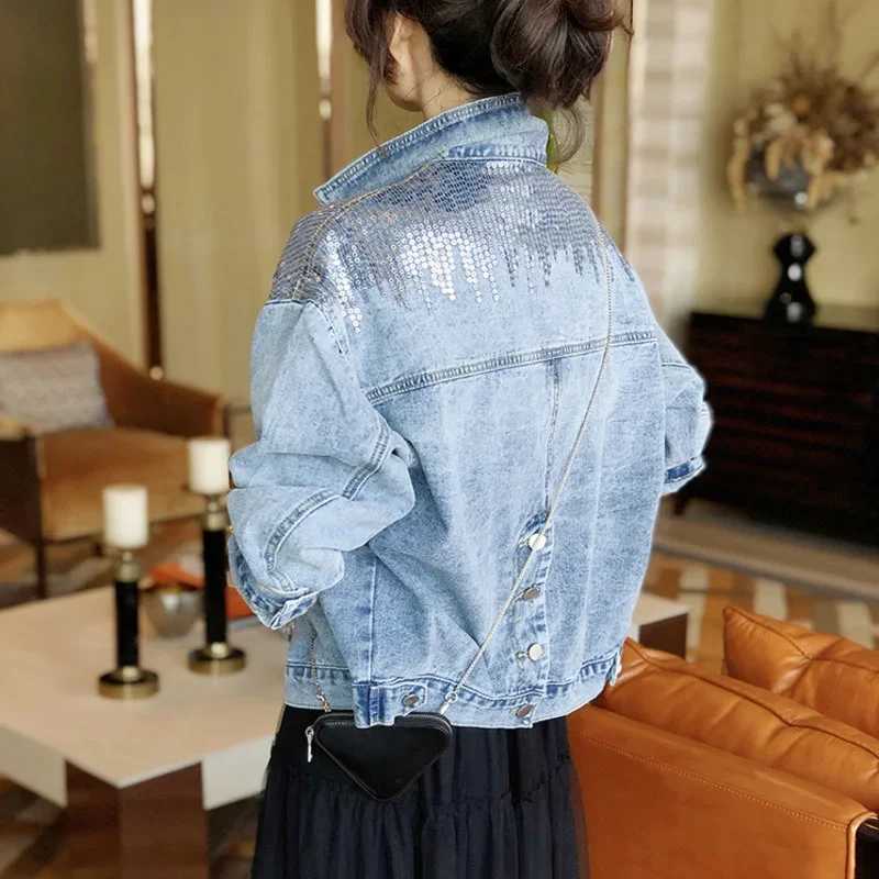 Blue Short Sequin Pocket Denim Jacket Womens Casual Denim Spring Autumn New Loose Fashion Jeans Jacket Women Long Sleeve CoatX240920