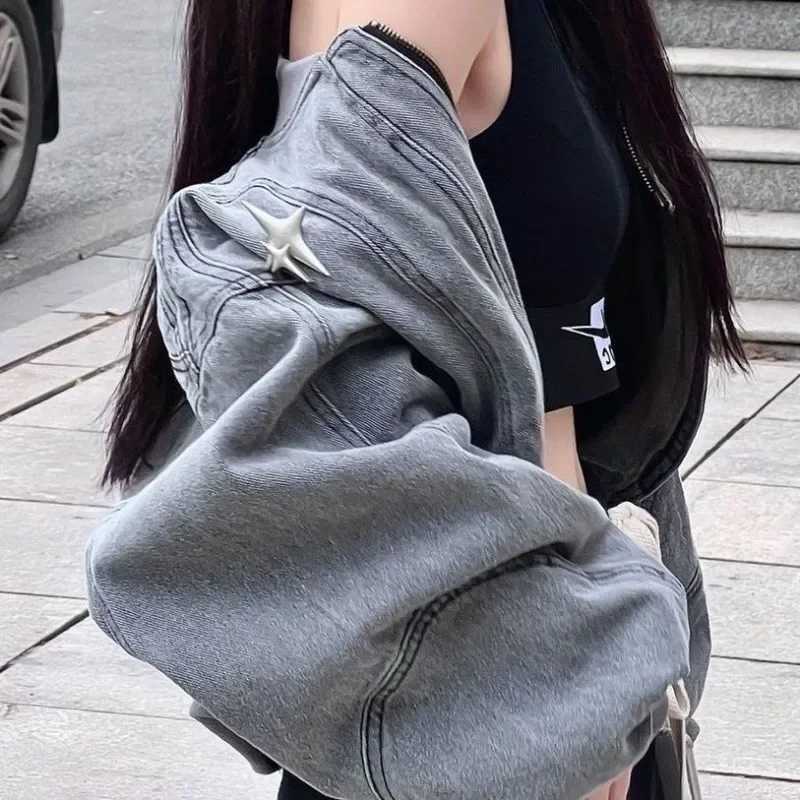 New Grey Women Denim Jackets Streetwear Y2k Cross Crop Hippie 90s Oversize Zip Jackets Coat Harajuku Womens ClothingX240920
